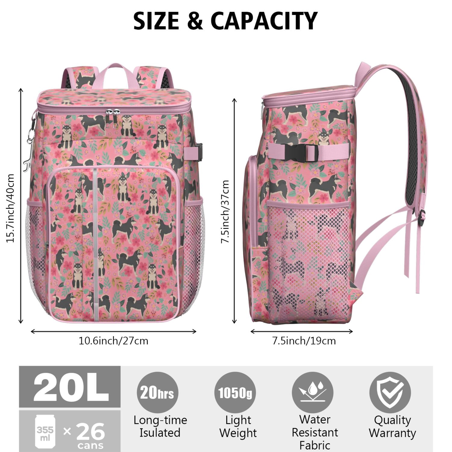 Travel Cooler Bag - Shiba Inu Dog and Flower Floral Camping Beer Cooler Backpack with Bottle Opener- Waterproof Insulated Picnic Backpacks - Cooler Bag for Beach