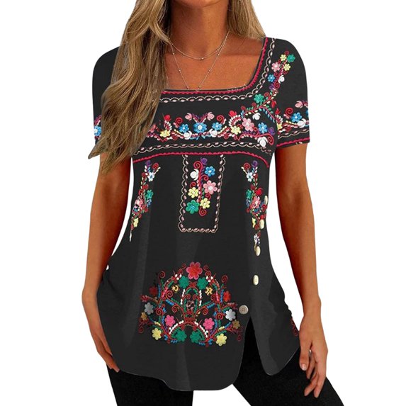 Gvmfive Womens Plus Size Blouse Tops Short Sleeve Retro Floral Print Tunic T-shirt