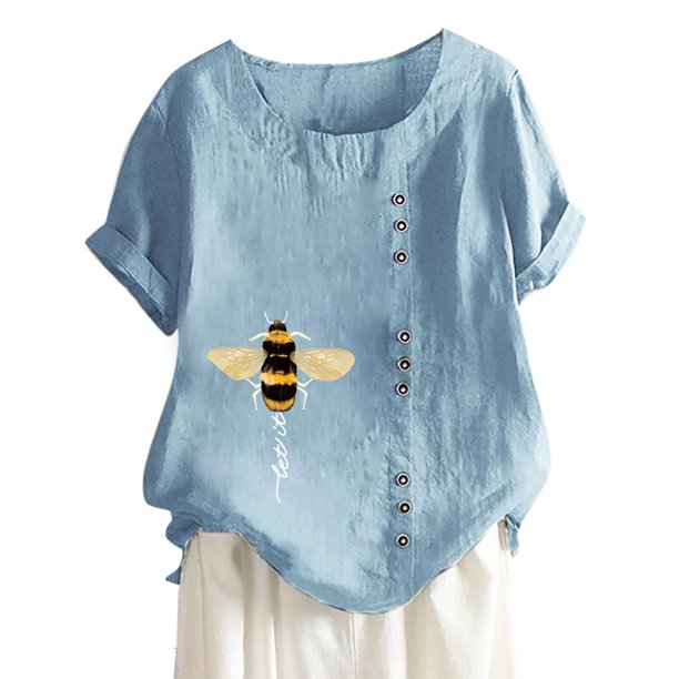 Gibobby Blusa de Trabajo de Manga Corta Top de lino y algodón para mujer, camisa clásica holgada con estampado de manga corta, blusa de talla grande, camis(Azul,G)