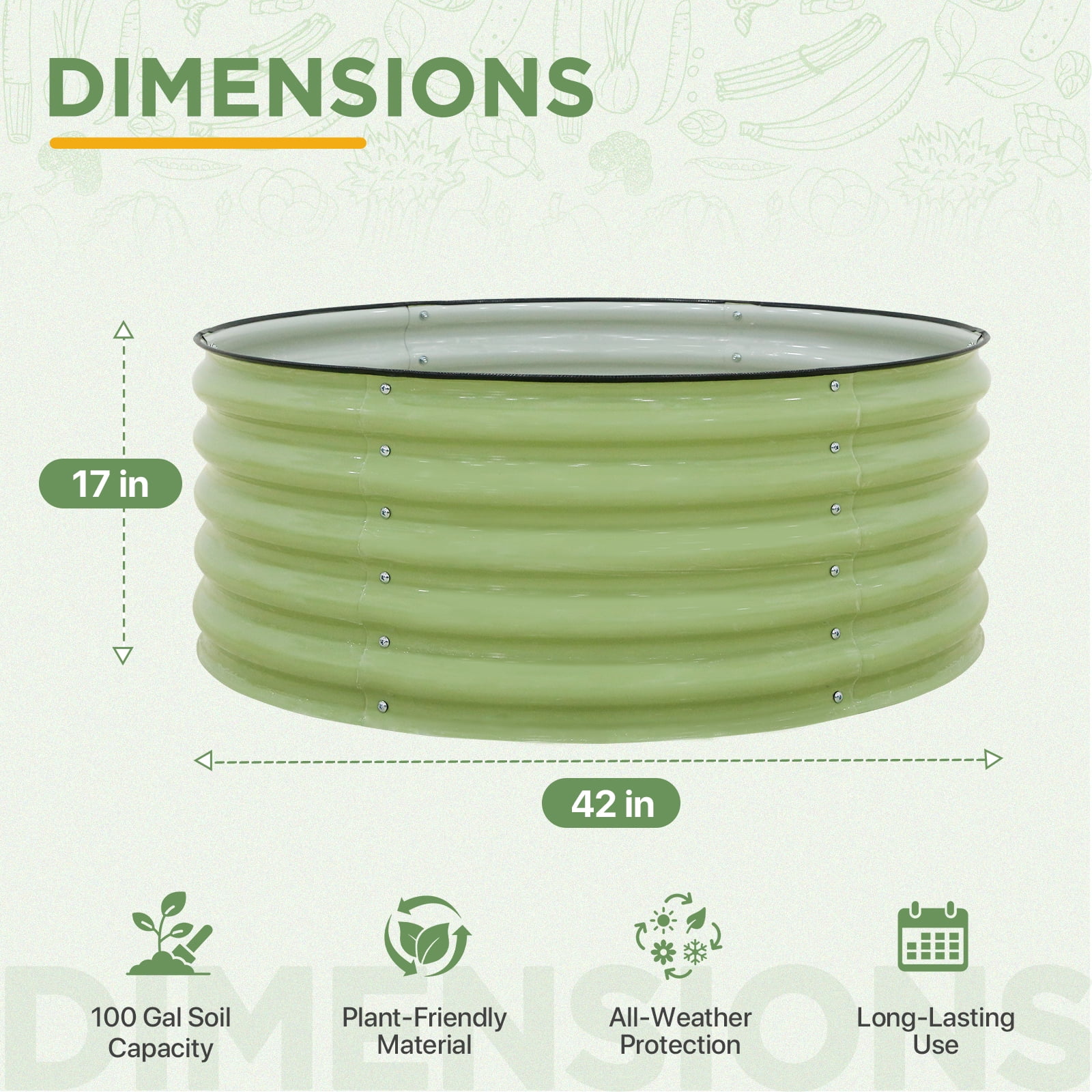 EAGLE PEAK 42'' Round 17'' Tall Raised Garden Bed Planter, Galvanized Metal Raised Bed Kit for Vegetables, Flowers, Herbs, Olive Green