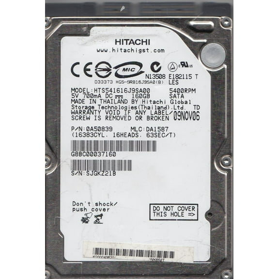 HTS541616J9SA00, PN 0A50839, MLC DA1587, Hitachi 160GB SATA 2.5 Hard Drive