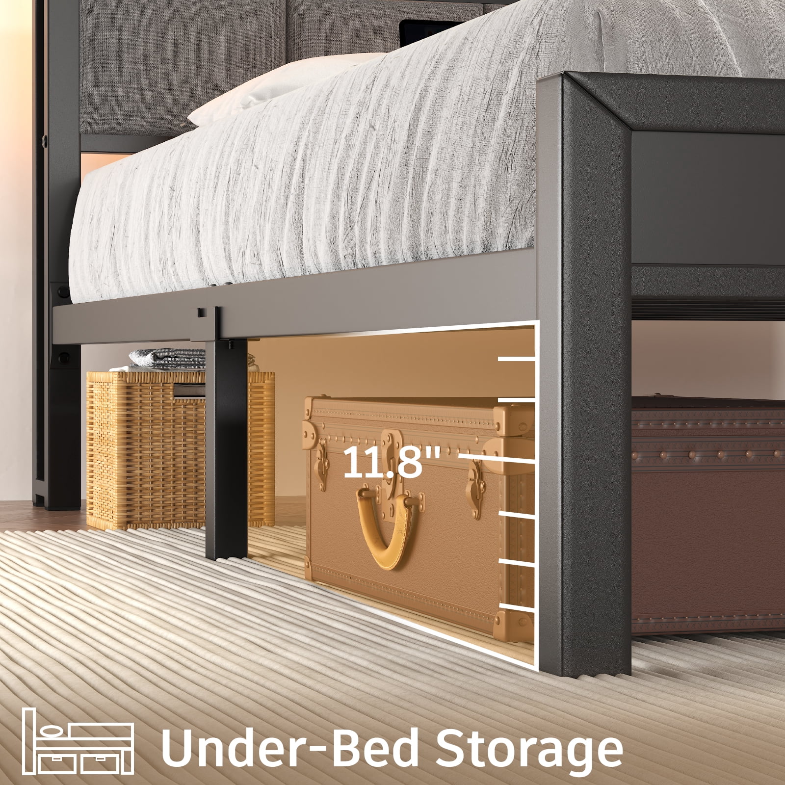 Twin Size Bed Frame with Storage Headboard, Metal Platform Bed with LED Lights & Charging Station, Heavy Duty Metal Slats, Gray