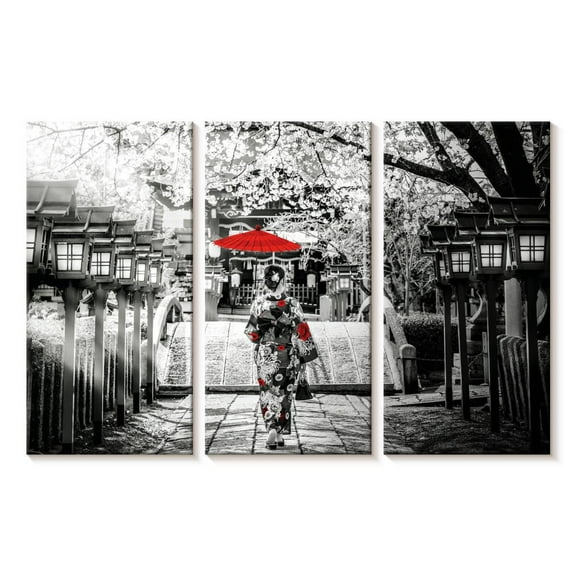Elephant Stock Geisha Pop Wall Art - Horizontal Multi Panel Canvas - Living Room Wall Decor - Places Multi Panel - Red And Gray Decor - 23" x 14"