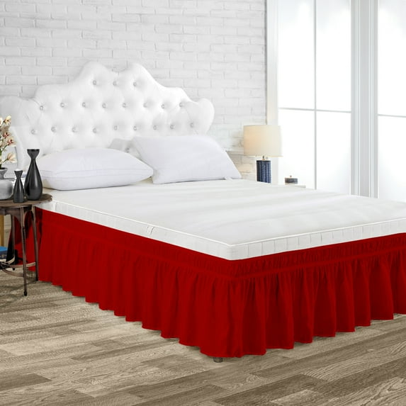 Queen Size Tailored Drop Wrap Around Solid Bed Skirt with Adjustable Elastic Belt Microfiber Fabric Fade & Wrinkle Resistant Bed Frame Cover Easy to Fit & Care (19 Inch Drop, Blood Red)