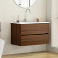 thumbnail image 2 of Censi 32-Inch Wall-Mounted Bathroom Vanity Cabinet with Ceramic Sink, 2 Drawers with Soft-Close Runners, Plywood Construction, Walnut, 2 of 8