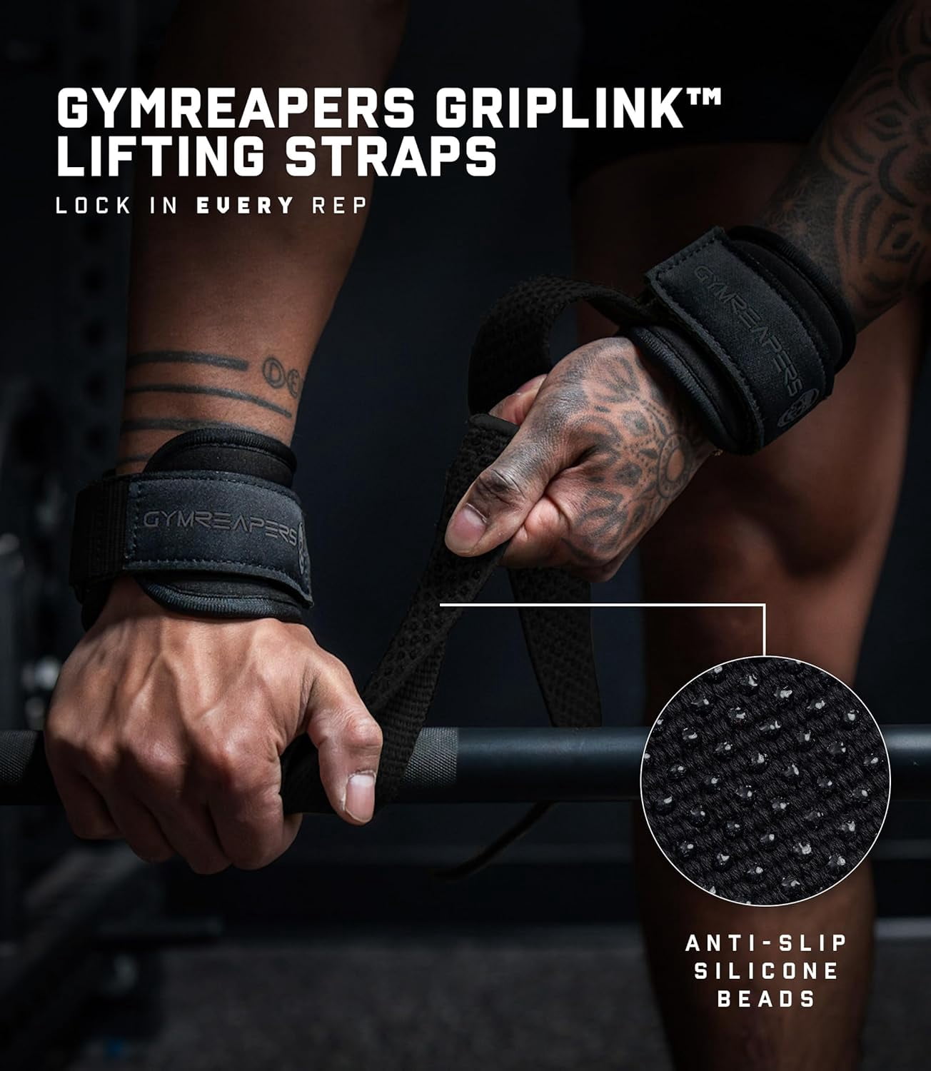Gymreapers GripLink Lifting Straps – Heavy Duty D-rings Wrists Straps with Anti-Slip Silicone Grip Beads, Cushioned, Adjustable Support for Deadlifts, Powerlifting, Cable Machines and Gym Trainings