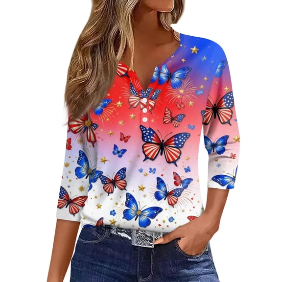 Women’s V Neck 3/4 Sleeve Casual Top with Butterfly Print Gradient Pattern Lightweight Pullover Blouse Shirt Light Blue 2XL