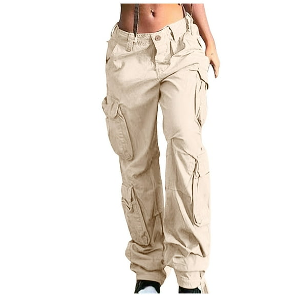 Bmisegm Women High Waist Baggy Cargo Pants Cargo Jeans Jogger Pocket Loose Fit Straight Wide Leg Trouser Pants for Women Beige XXL