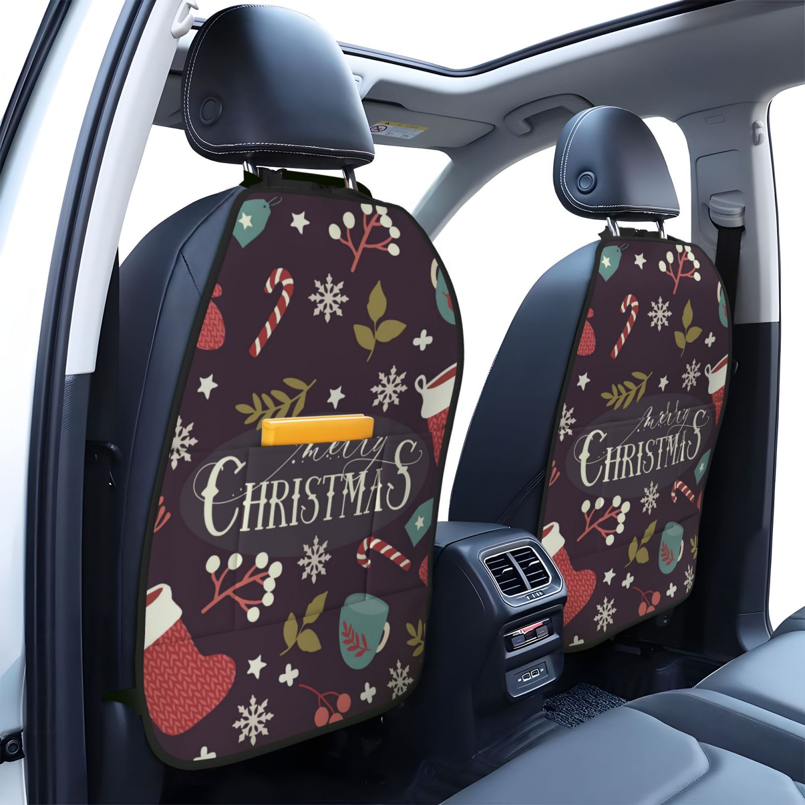 Xecao Merry Christmas Pattern Car Seat Back Protector 2 Pack Large Capacity Pocket, Kick Mats Back Seat Protector