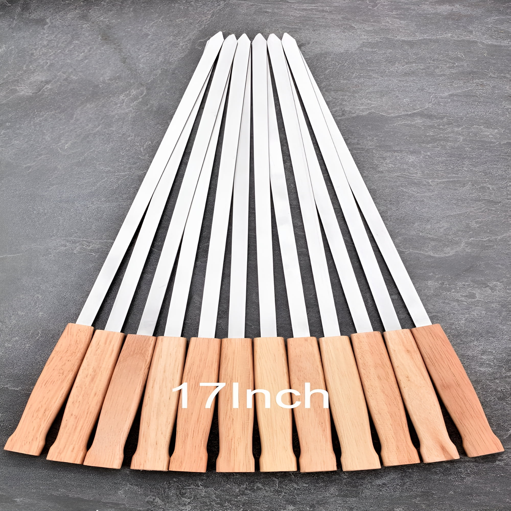 BPPEG 17-Inch 12 Pack Long Flat Bbq Skewers,Stainless Steel 3/8 Inch Wide Blade with Hardwood Handle,Barbecue Skewers for Grilling Meat,Chicken,Shrimp,Vegetables - Set of 12