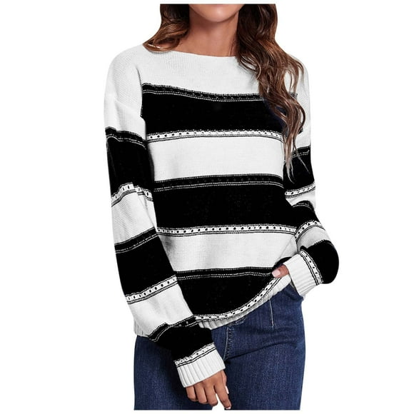 QUYUON Sweaters for Women Women Tunic Sweaters Color Block Striped Sweaters Pullover Knit Jumper Tops Casual Long Sleeve Crew Neck Knitted Sweatshirts Fall Sweaters Black M