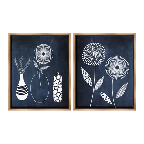 Stupell Industries Structured Flowers on Blue Botanical & Floral Painting Brown Floater Framed Canvas Art Print Wall Art, 25 x 31, Set of 2