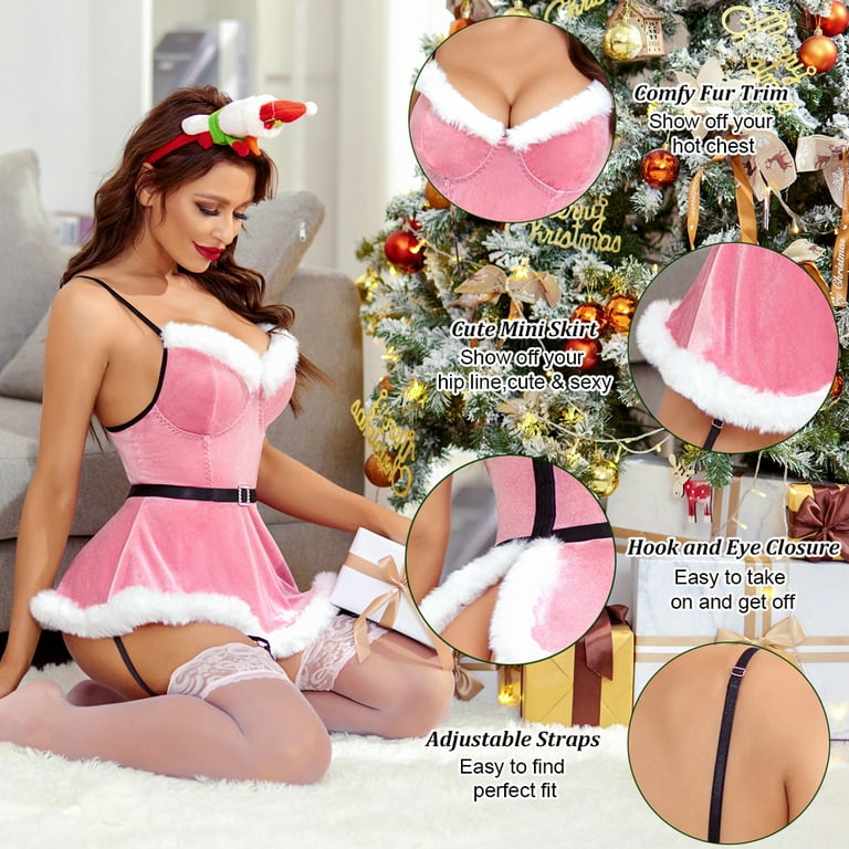 Avidlove Christmas Lingerie for Women Sexy Santa Outfits Velvet Lingerie  Set Babydoll Chemise Sleepwear Nightgown 