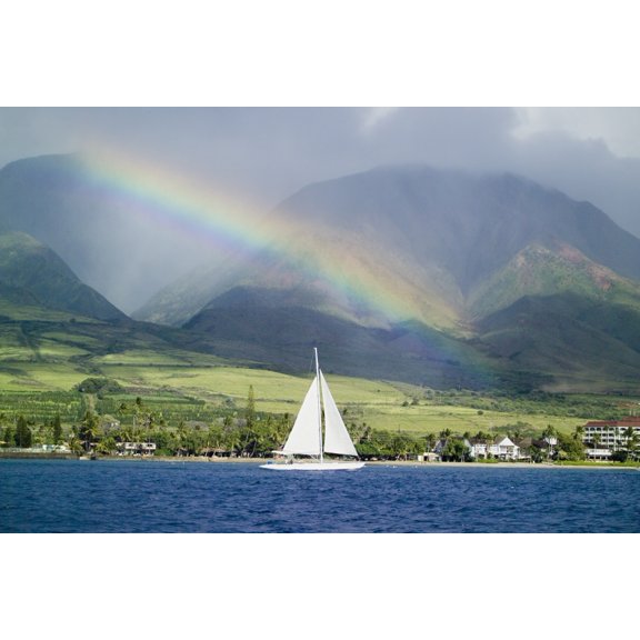 Hawaii Maui Lahaina Rainbow In Front Of West Mauis Mountain Range With Sailboat In Ocean Canvas Art - M Swiet Productions  Design Pics (38 x 24)
