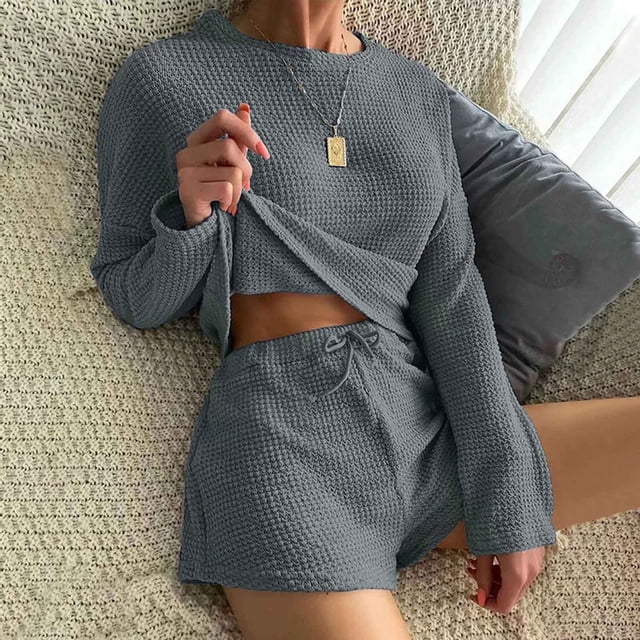ICHUANYI Liquidación Pantalones Cortos para Mujer, Conjunto Informal De Moda Transpirable, Ropa para El Hogar, Conjunto De Camiseta/Camisa De Cuello Redondo De Manga Larga ICHUANYI WER202308245832