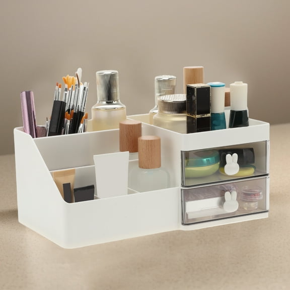 Unique Bargains Makeup Organizer With 2 Drawer 8 Grids Makeup Organizer for Countertop Vanity Bathroom Counter White