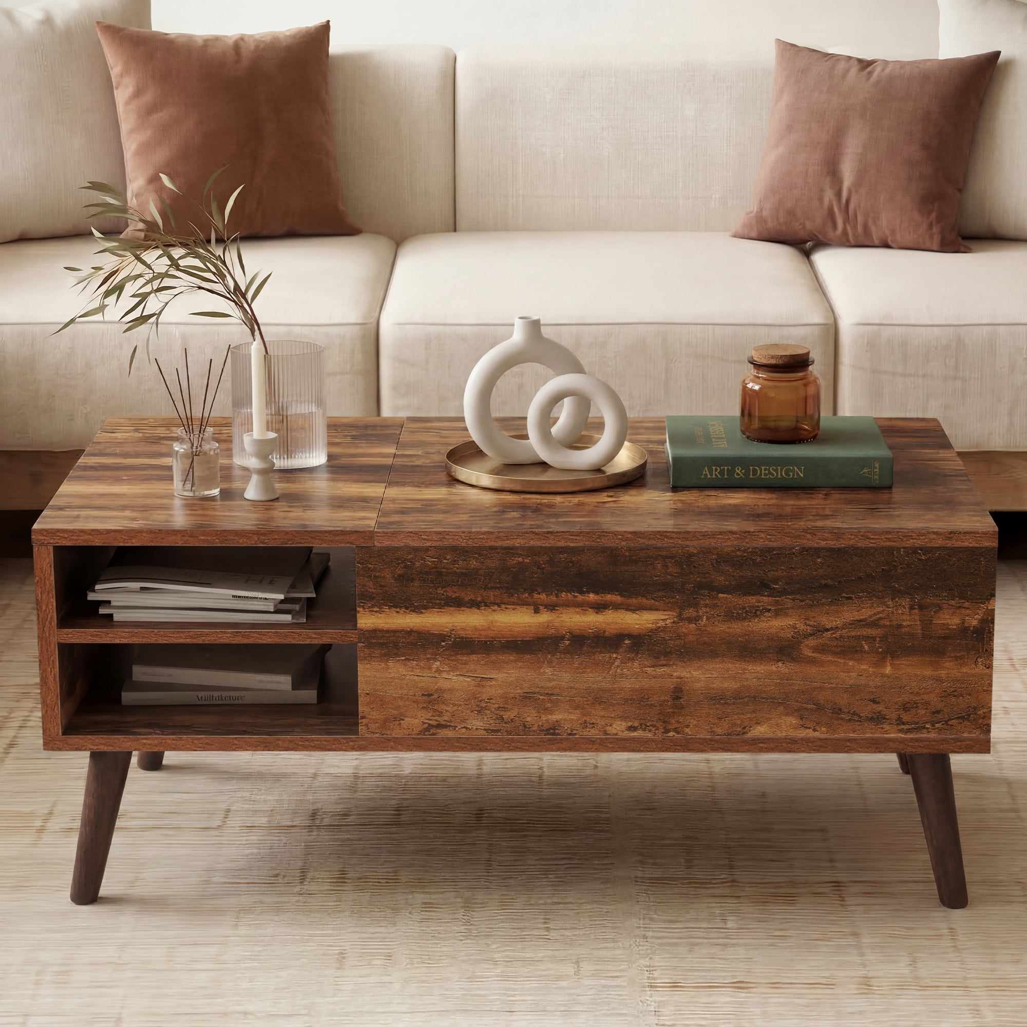 GALAXHERO Coffee Table with Removable Storage Shelves Lift Top Small Coffee Table for Living Room Rustic Brown
