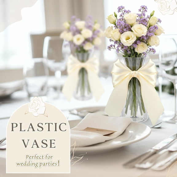 20 Pcs Small Plastic Bud Vases Bulk with Ribbon for Centerpieces, Clear Flower Vases for Wedding Home, Height Shatterproof Vase for Wedding Home Party Table Decoration(White Ribbon)