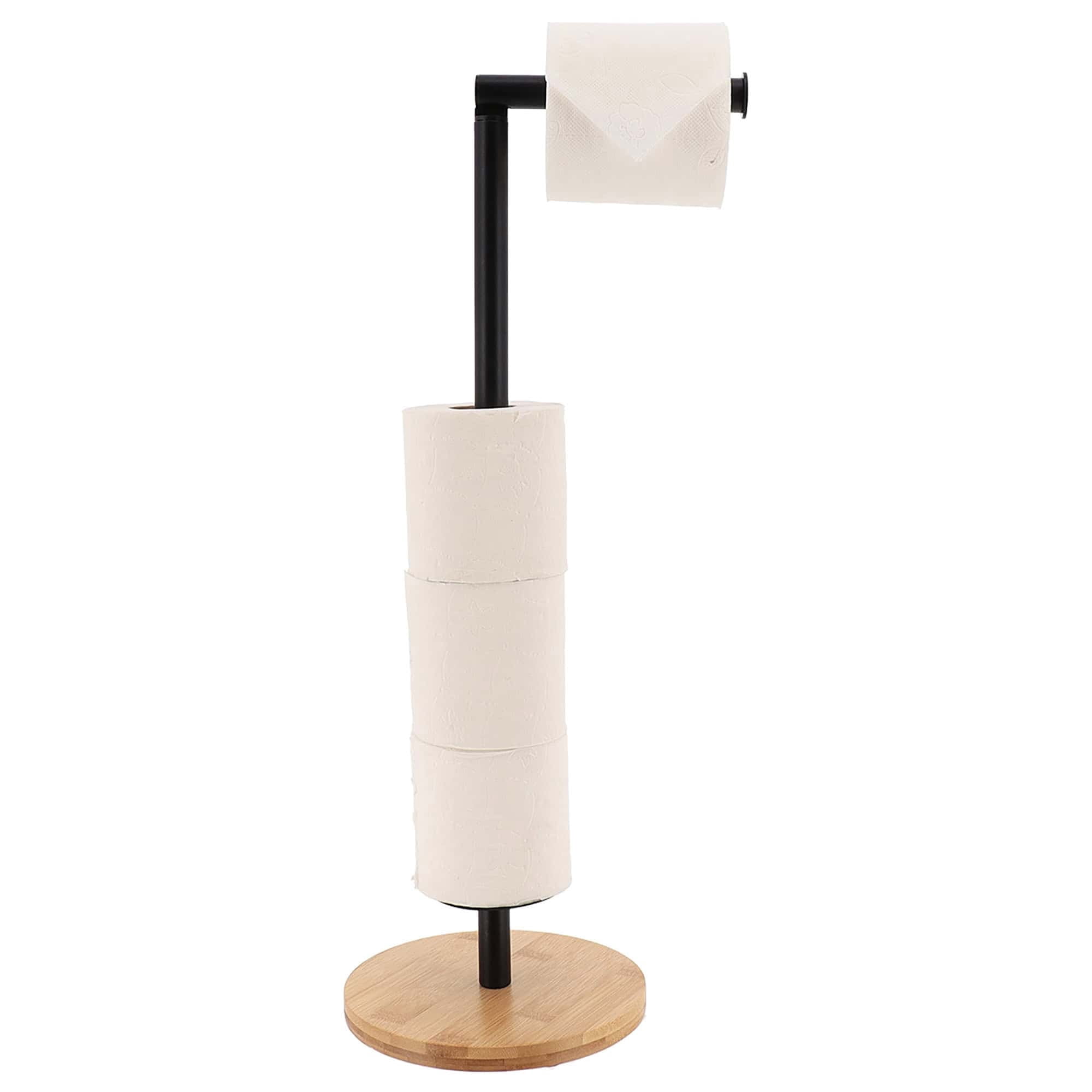 Black Freestanding Toilet Paper Holder Stand with Bamboo Base