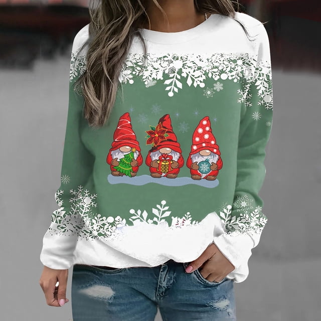 EGNMCR Chandail en Molleton de Noël pour Femmes T-shirt Imprimé d'Hiver Manches Longues Blouse Col Rond Hauts Décontractés