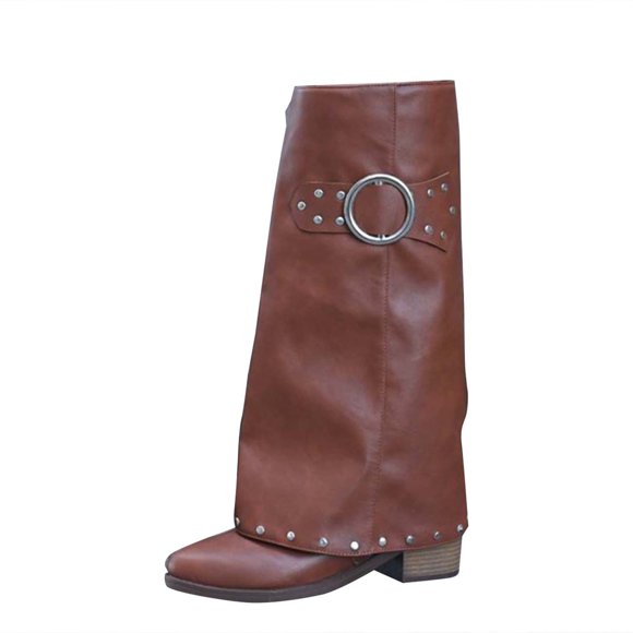 Lovzfmll Knee High Boots Women, Western Mid Calf Pointed Toe Belt Buckle, Low Heel Wide Calf Round Toe Chelsea Leather Boots Fall Brown Boots
