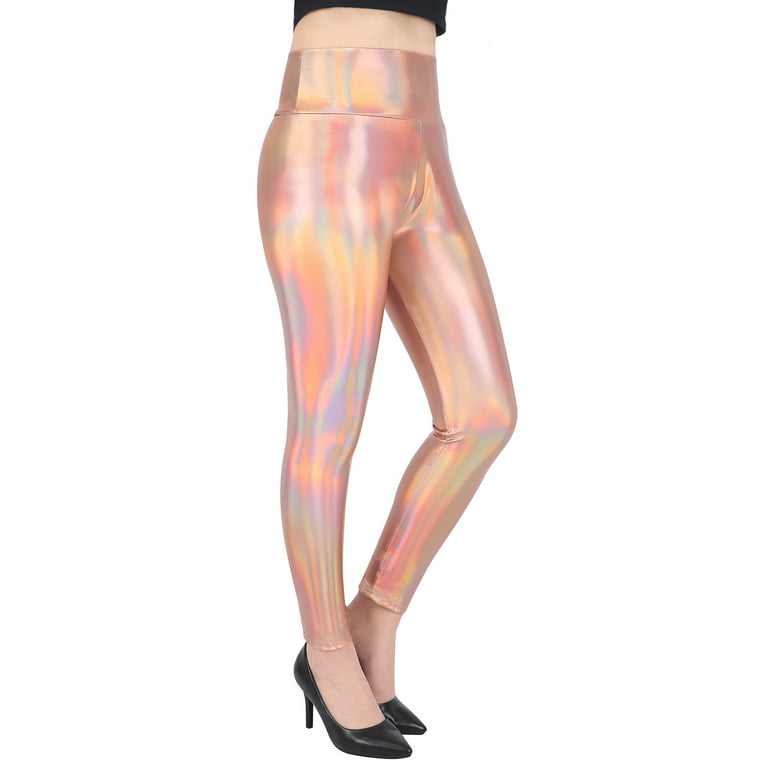 HDE Women's Shiny Holographic Leggings Liquid Metallic Pants