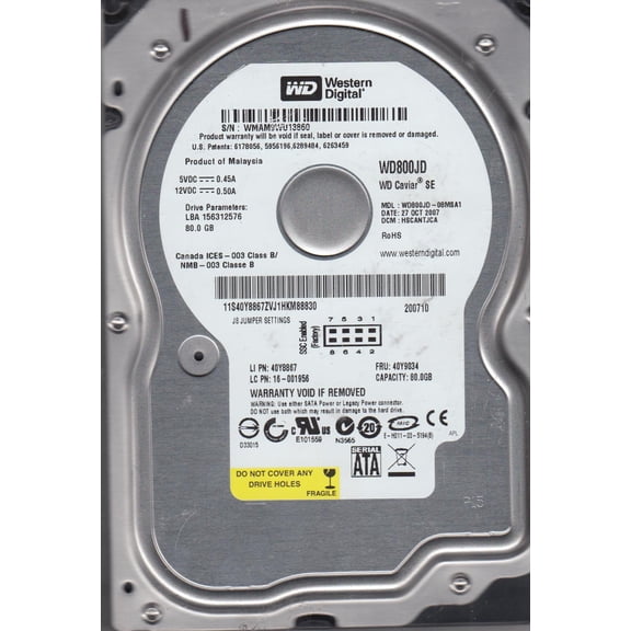 WD800JD-08MSA1, DCM HSCANTJCA, Western Digital 80GB SATA 3.5 Hard Drive