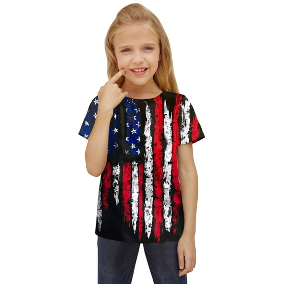 Akiihool Girls American Flag T-Shirt Kids USA Shirt for Girls 4th of July Shirts American Flag Tshirt Patriotic Top Independence Day Outfit Gir (Dark Blue,8-9 Years)