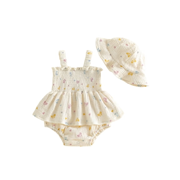 Cenuakty Baby Girl Summer Outfits Sleeveless Bow/Floral Print Skirt Romper with Hat Set Newborn Clothes