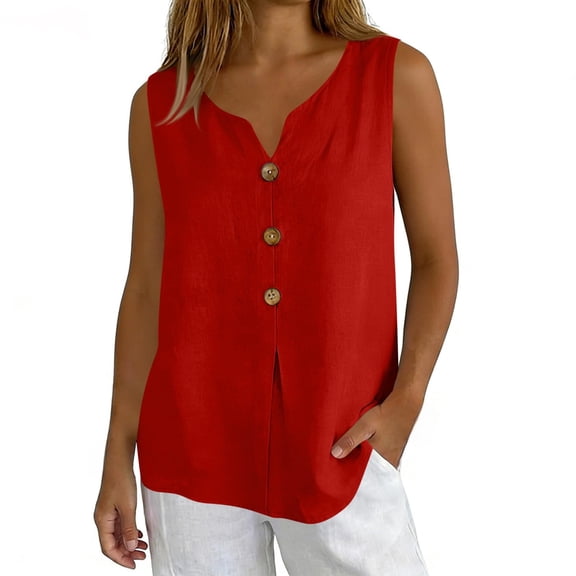 LEKODE Linen Tank Tops for Women Button Tank Tops V Neck T Shirts Loose Tank Tops Gauze Shirts Tunics Tops Going Out Tops Solid Tops Cute Tops Basic Tops Basic Sleeveless Shirts Cute Red L