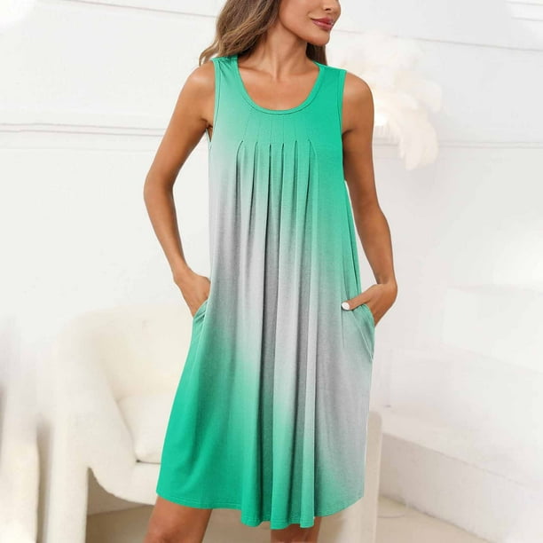 Camisón de mujer con estampado y bolsillos, sin mangas, plisado, cuello redondo