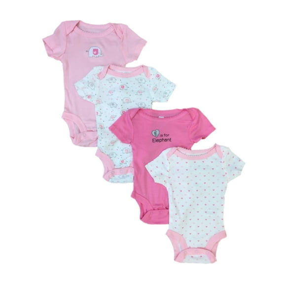 Infant Girls 4PC Pink Elephant Bodysuits Baby Outfit Creepers Set 0-3m