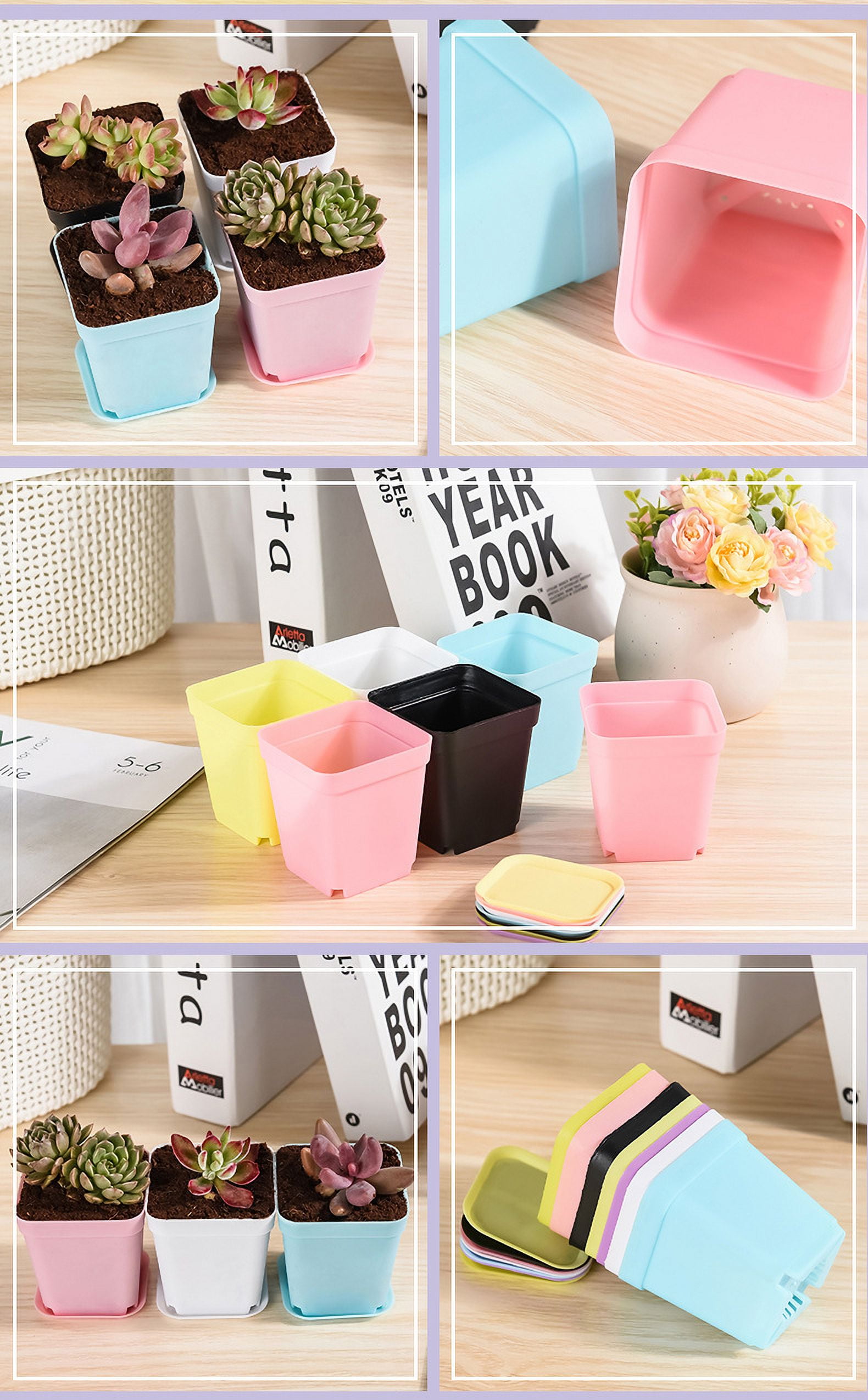 Nvzi 30 piece set of colorful flower pots 2.75 × 2 × 3.15IN Black square flower pots, space saving design, nursery flower pots with trays and drainage holes, seed starter tray