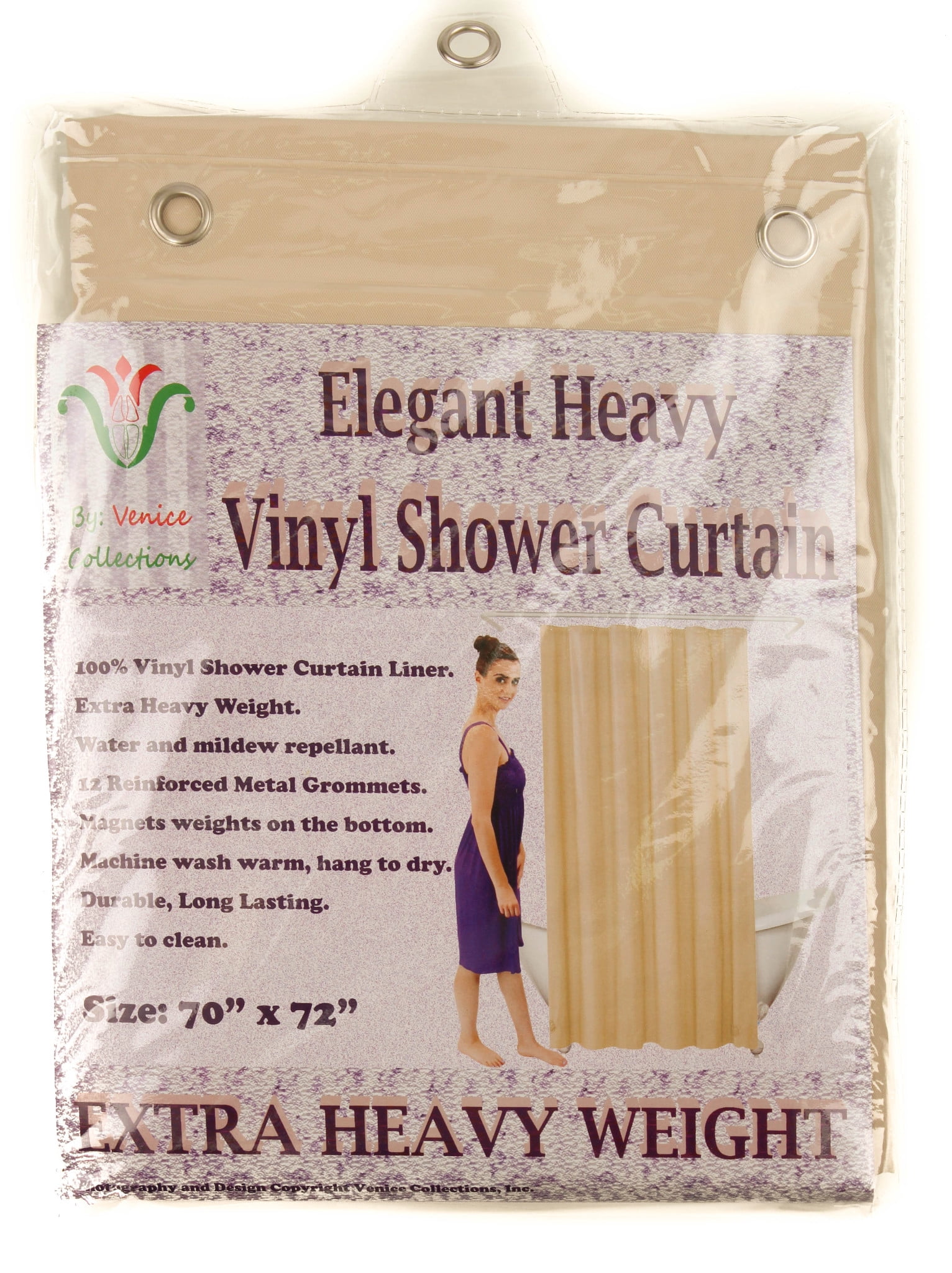 Venice Elegant Home Heavy Duty Vinyl Shower Curtain Liner With 12 Metal Grommets 2-Pack Sand
