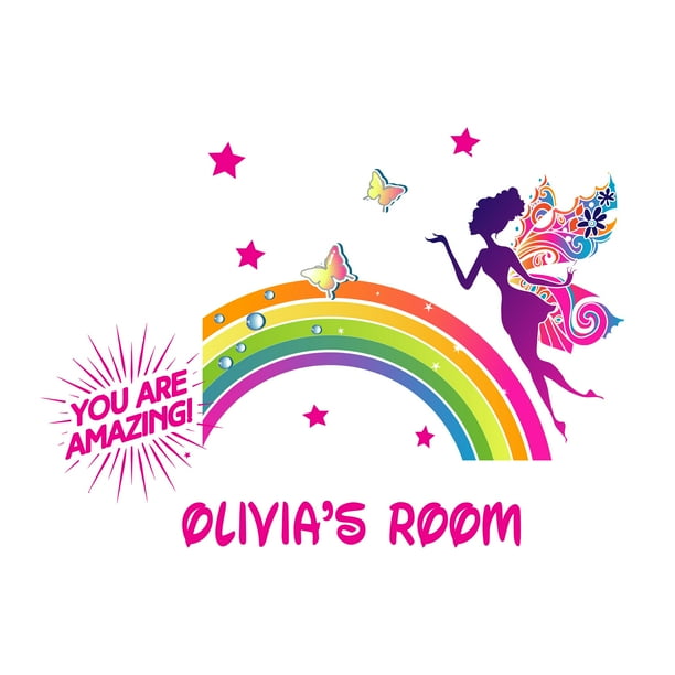 Personalized Name Girly Wall Decal Colorful Rainbow Fairy with
