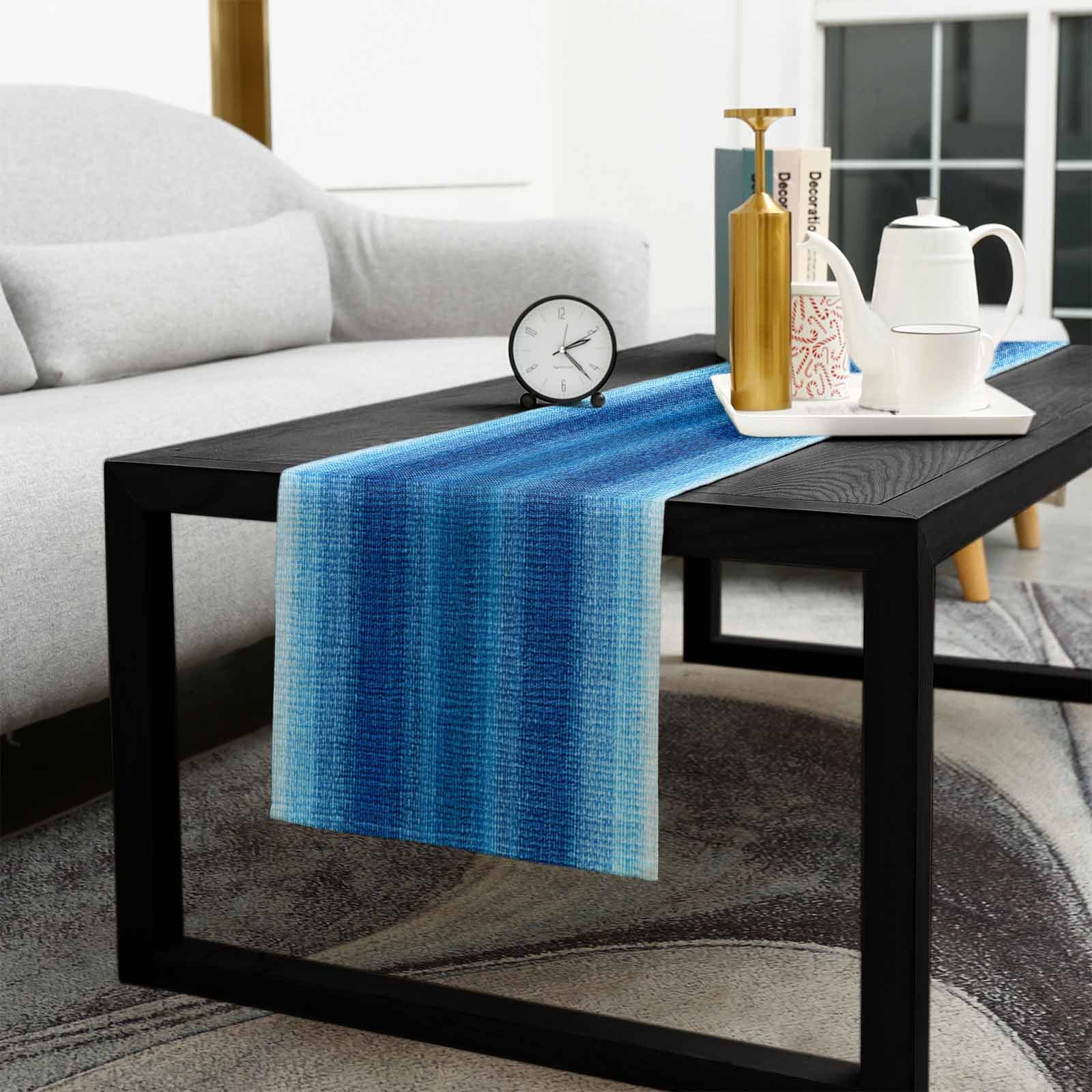 Blue Ombre Stripes Cotton Linen Table Extra Long Runner 13 x 120 inch Modern Gradient Abstract Texture Non-slip Rectangular Dining Table Decor for Wedding Party Holiday Dinner