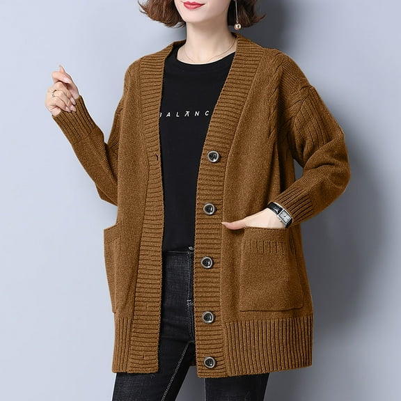 Itsame Women Cardigan Sweaters Button Loose V-Neck Sweater Long Sleeve Relaxed Sweatertop Brown Size Free Size