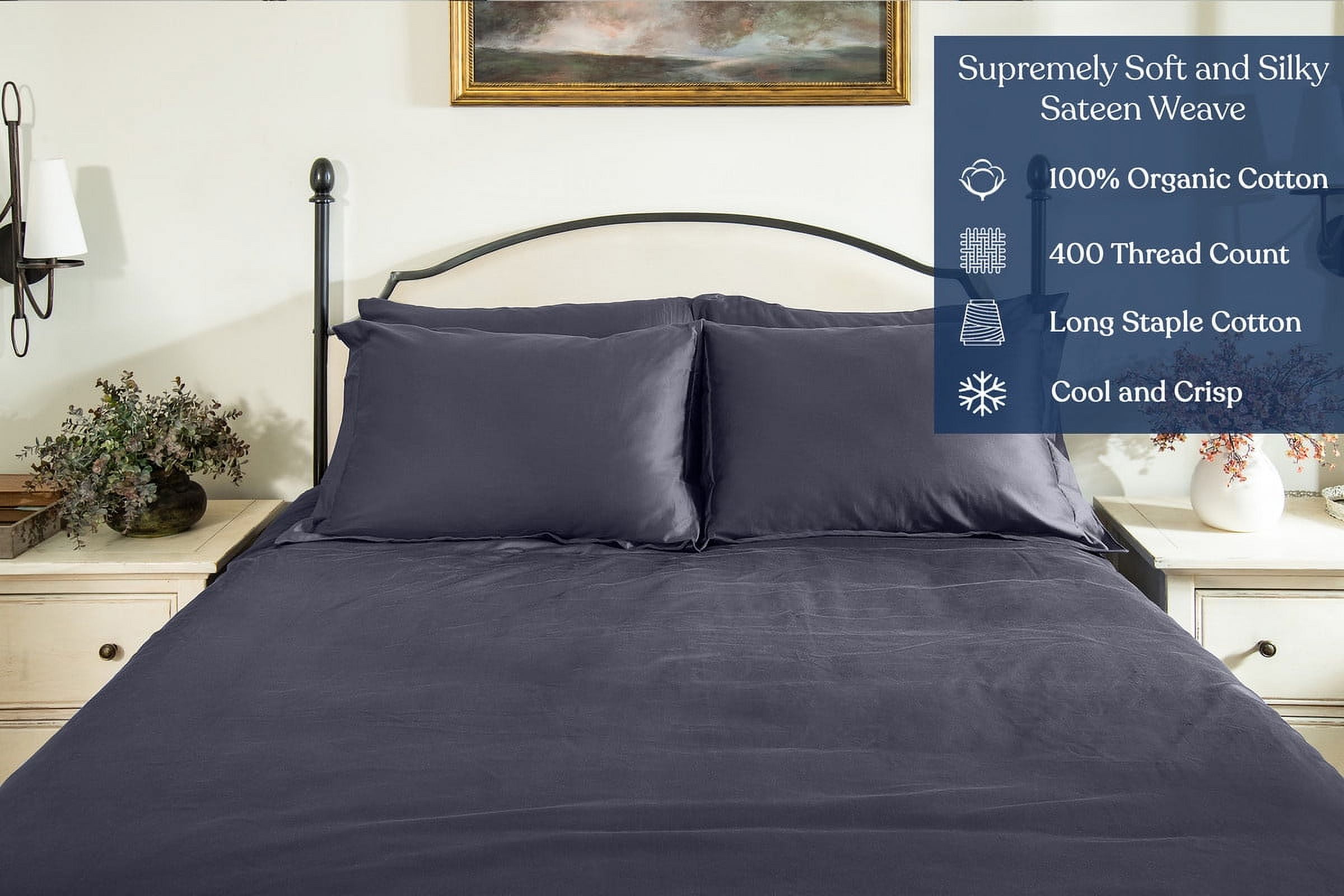 Delara GOTS Certified Organic Cotton Twin Duvet Cover Set, 400TC, Soft, Breathable, 8 Ties, Dark Grey for Hot Sleepers