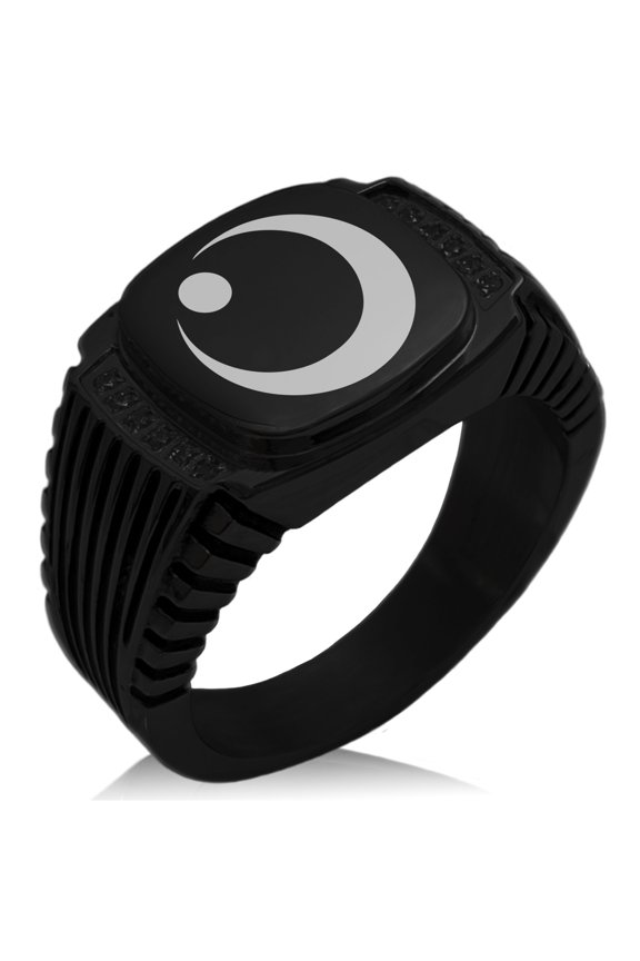 Stainless Steel Obu Samurai Crest CZ Ribbed Needle Stripe Pattern Biker Style Polished Ring