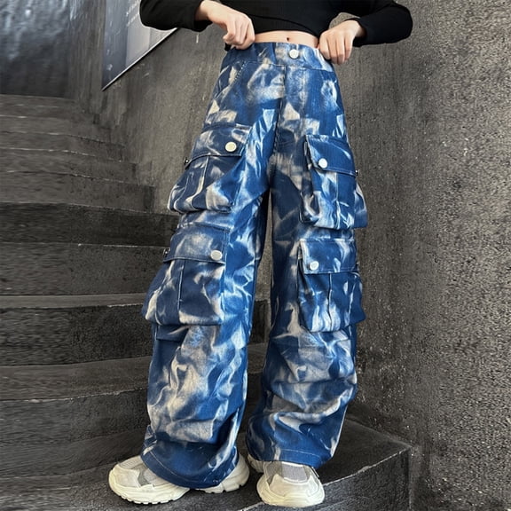Crunowin Girls Cotton Cargo Pants, Tie Dye Wide Leg Stretchy Casual Jeans Size 12