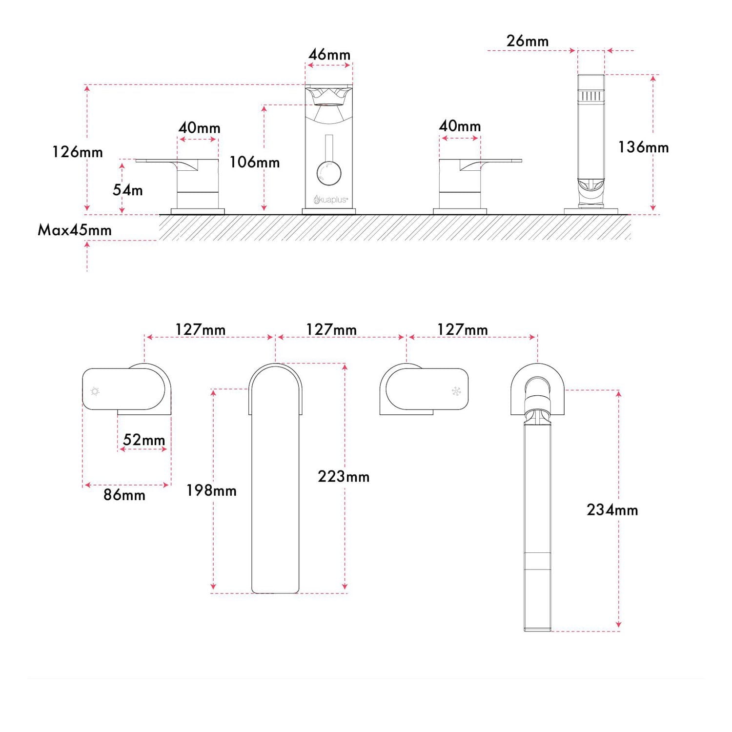 The akuaplus® Roman Bathtub Faucet ELENA with Hand Shower in solid brass - 4 Pieces.