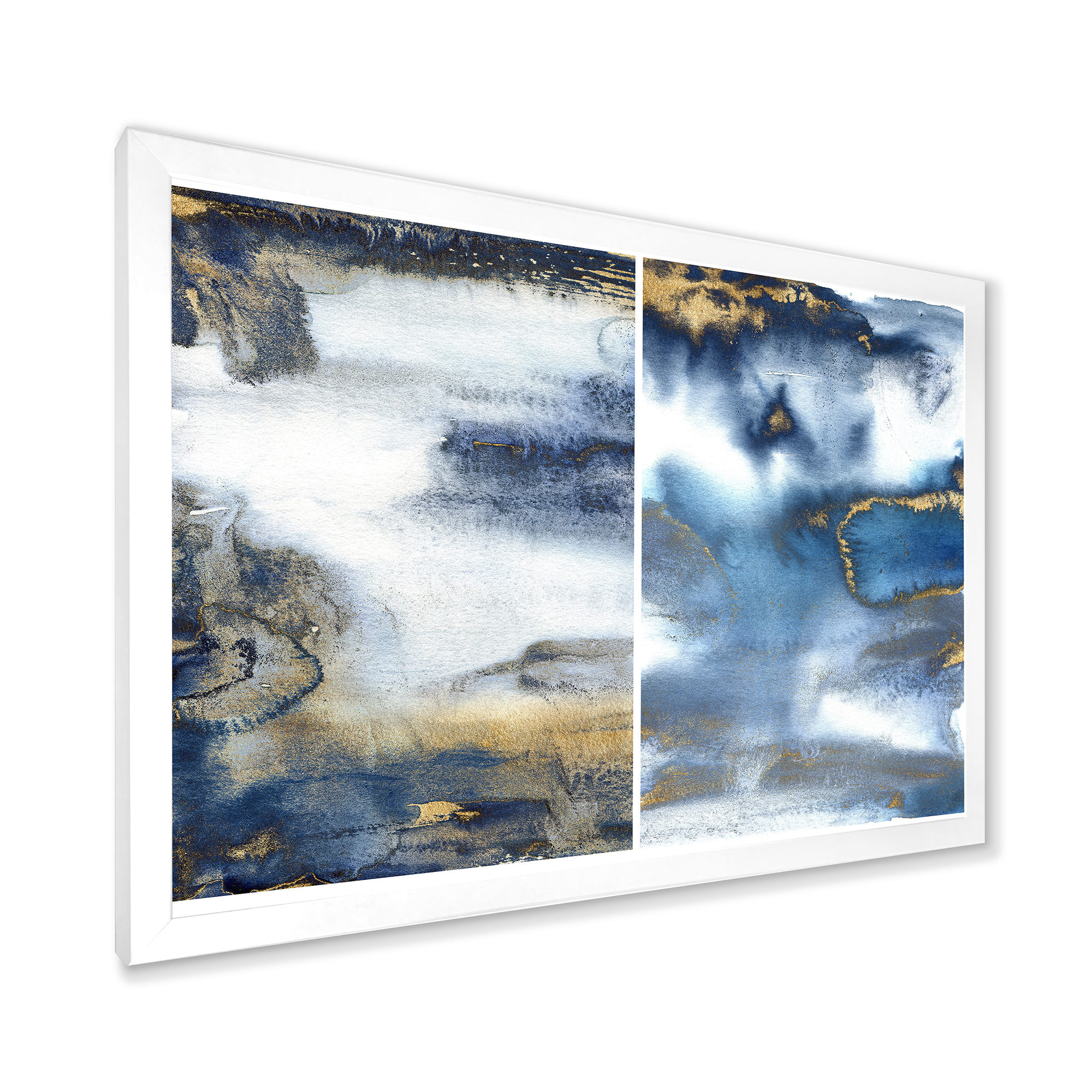 Designart 'Gold and Dark Blue Abstract Waves I' Modern Framed Art Print