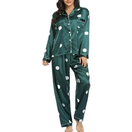 

Silk Pj Set for Women Loungewear Set Relaxed-Fit Graphic Print Long Sleeve Button Down Shirts Straight Pants Pajama Set