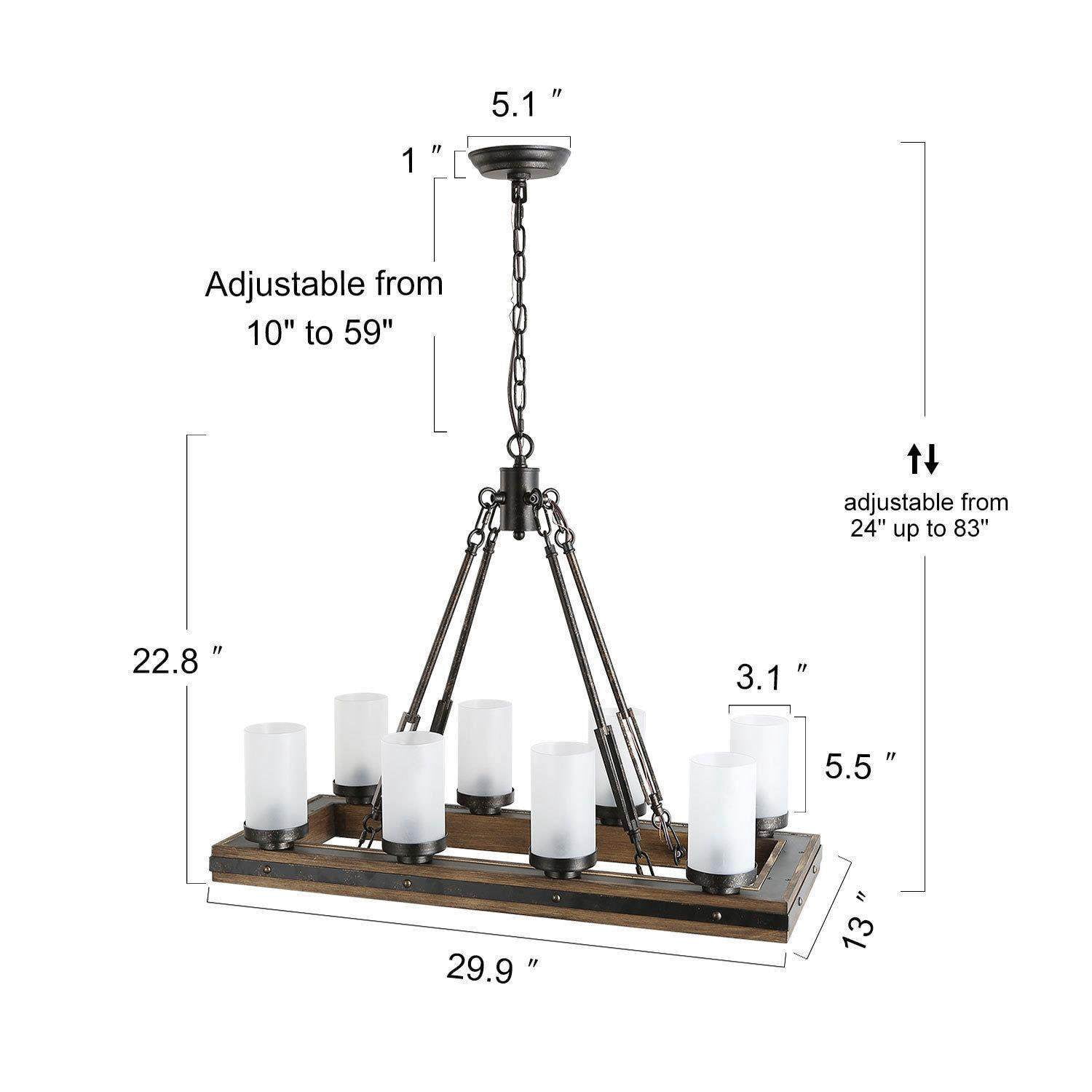 LNC 8-Light Distressed Wood and Black Linear Chandelier with Frosted Glass