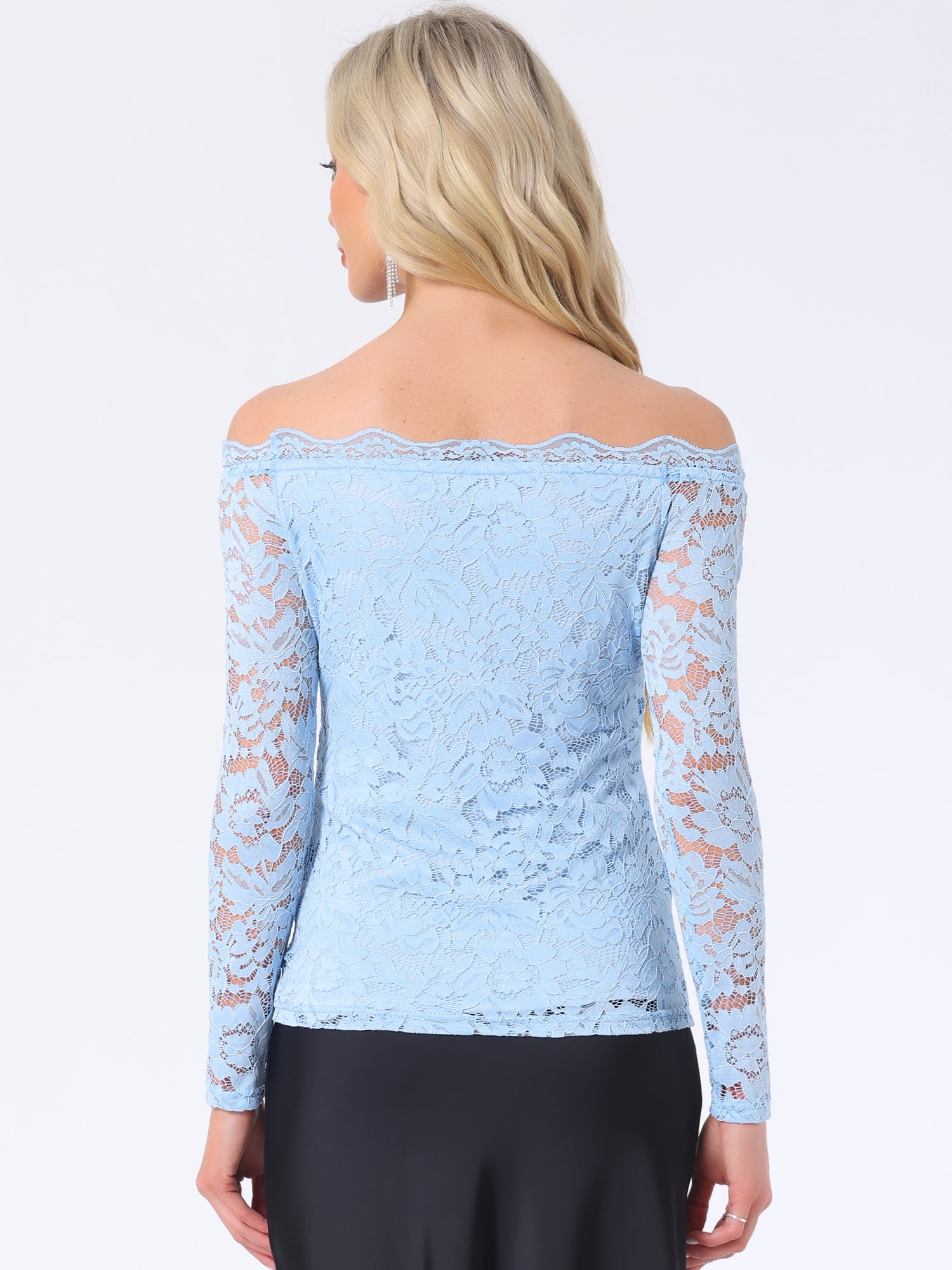 DARING DIVA Floral Lace Off Shoulder Sheer Blouse Top S Sky Blue