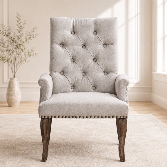 SESSLIFE Dining Chair with Arms, Upholstered Chenille Kitchen & Dining Room Chairs with High Back, Nailhead Trim and Wood Legs, Fabric Tuft Dining Chair for Home, Beige