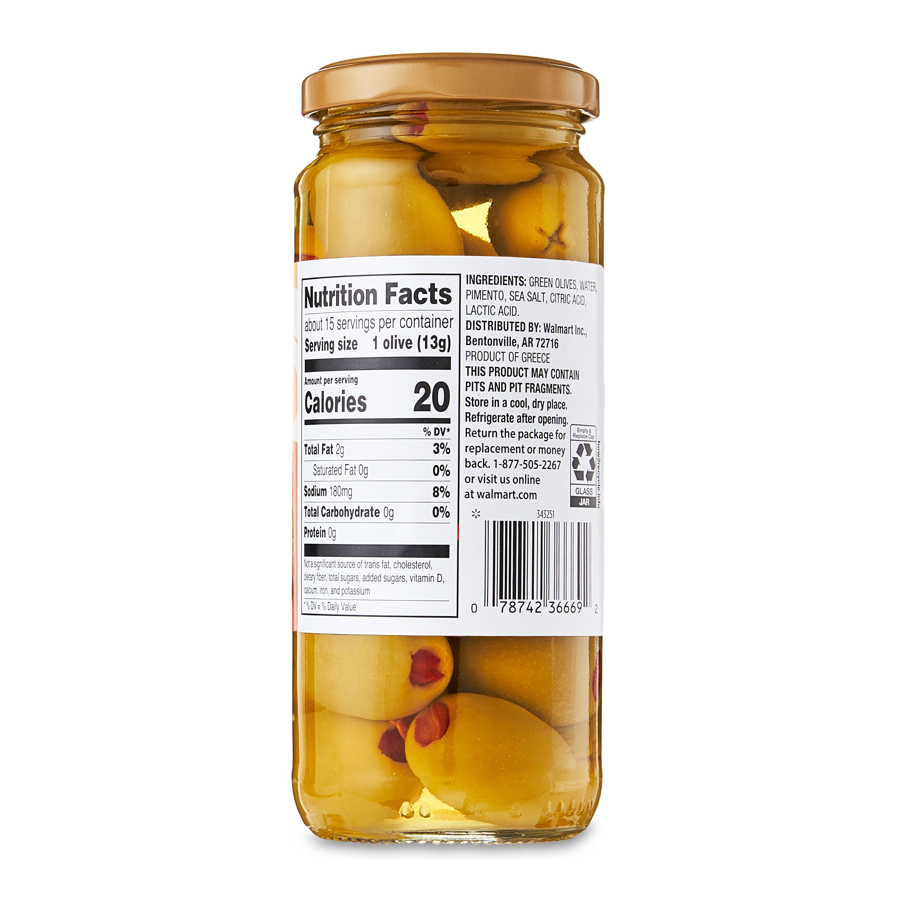 Great Value Stuffed Pimento Jumbo Queen Olives, 7 oz Jar