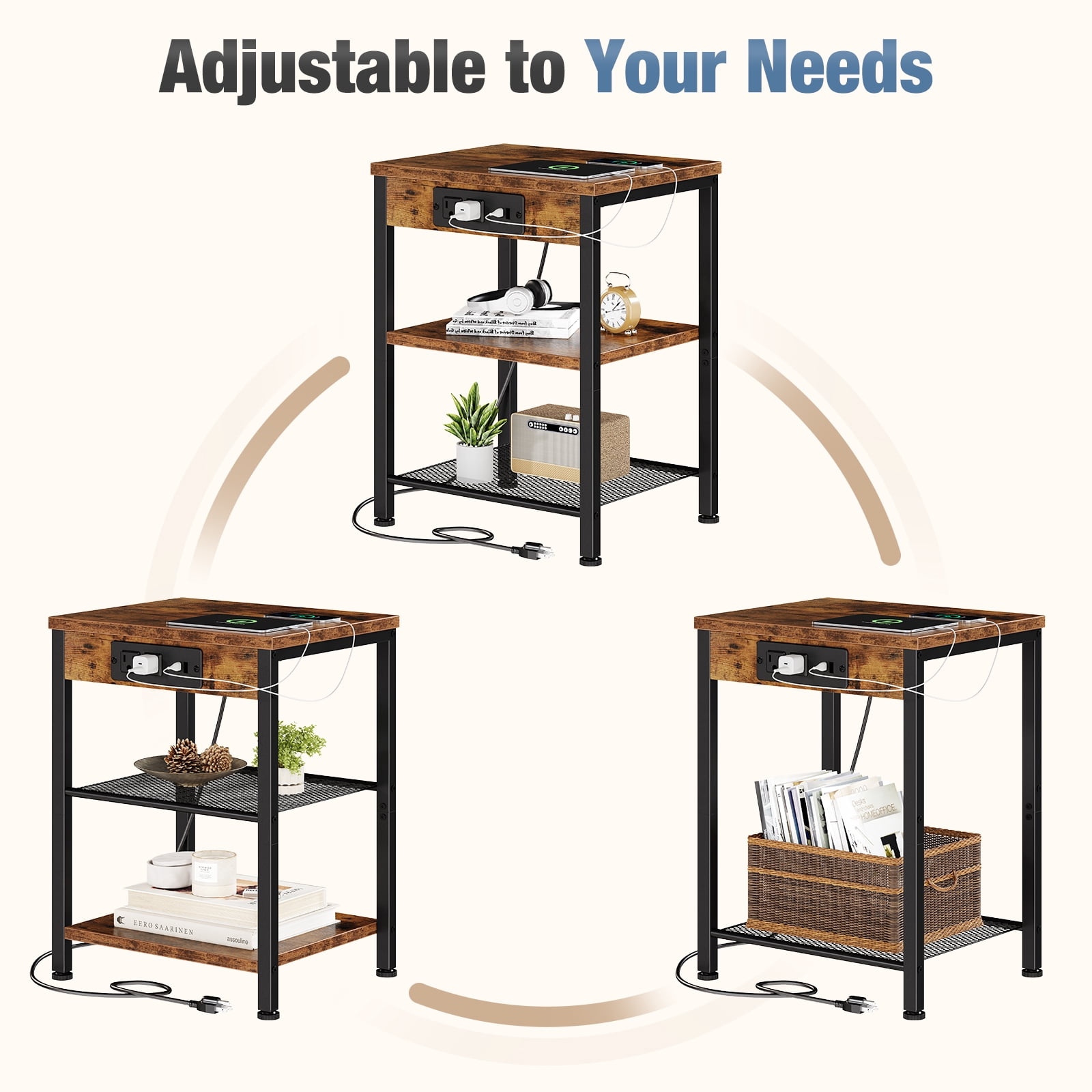 CONCETTA 3 Tier Nightstand with Charging Station, Bedside End Table for Bedroom Living Room, Rustic Brown