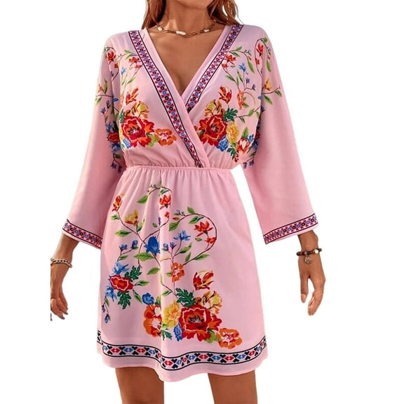 Women'S V-Neck Floral Print Bell Sleeve Elastic Waist Dress Casual Mini Dress Pink M