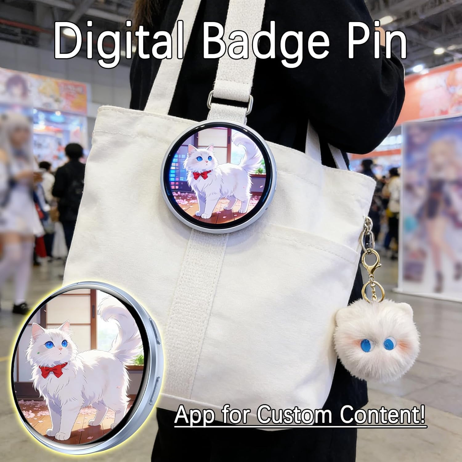 1.7" Electronic Digital Photo Badge - Customizable Touchscreen Display Pin for Keychain, Backpack, Ita Bag, Cosplay (Valentine's Gift) - Color Box Packaging(white)-dh